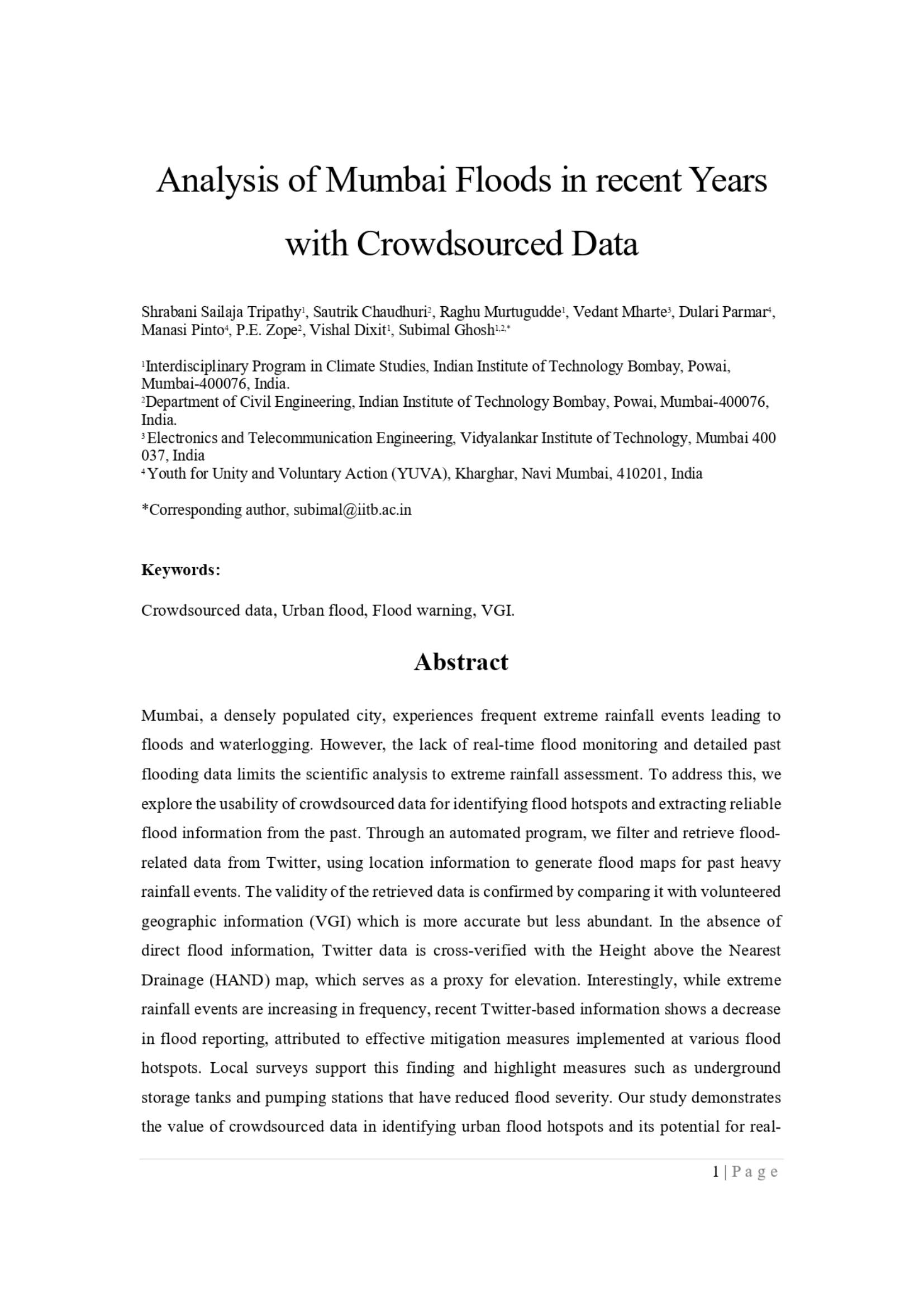 Analysis of Mumbai floods in recent years with crowdsourced data, with IIT Bombay, Elsevier